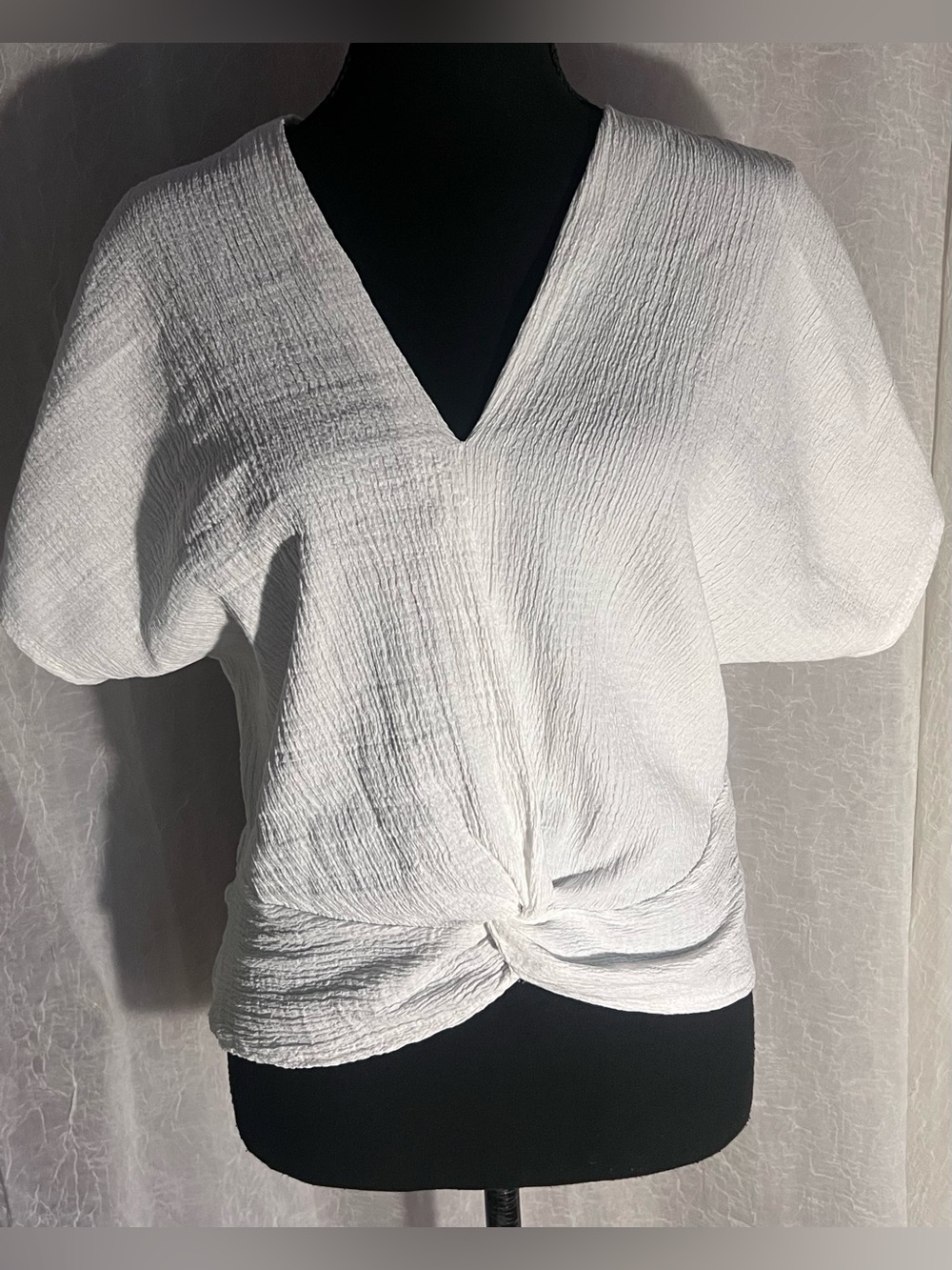 Zara White V-Neck Twist-Front textured Blouse